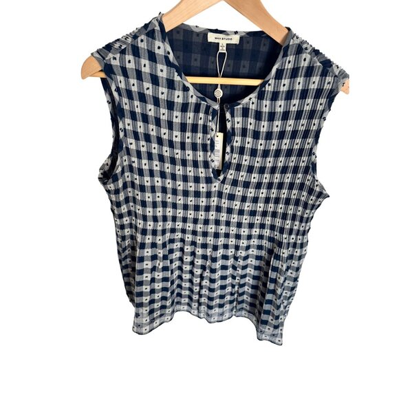 Max Studio Lined Navy Size Large Tunic Sleeveless Top Pleated Babydoll NWT - Picture 13 of 14